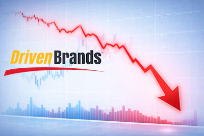 Driven Brands logo with declining financial chart showing red downward trend arrow and blue bar graph