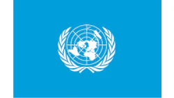 United Nations official logo featuring a world map within a laurel wreath on a bright blue background