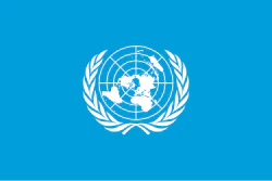 United Nations official logo featuring a world map within a laurel wreath on a bright blue background