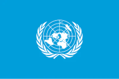 United Nations official logo featuring a world map within a laurel wreath on a bright blue background
