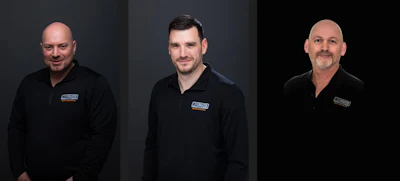Three professional men in black polo shirts with company logos, posed against neutral backgrounds for a team portrait