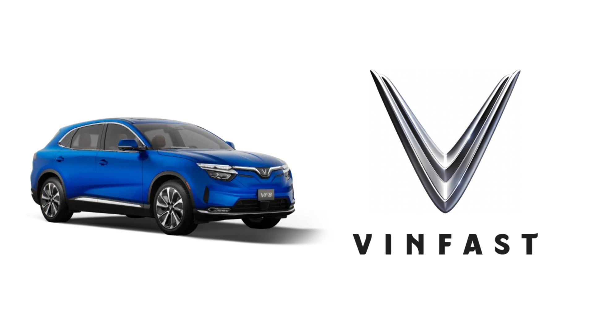 VinFast blue electric SUV with V-shaped logo and brand name