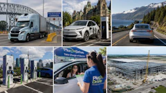 Electric vehicle infrastructure collage showing trucks, charging stations, and EV services across North America