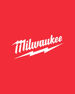 Milwaukee brand logo with white script lettering and lightning bolt on red background