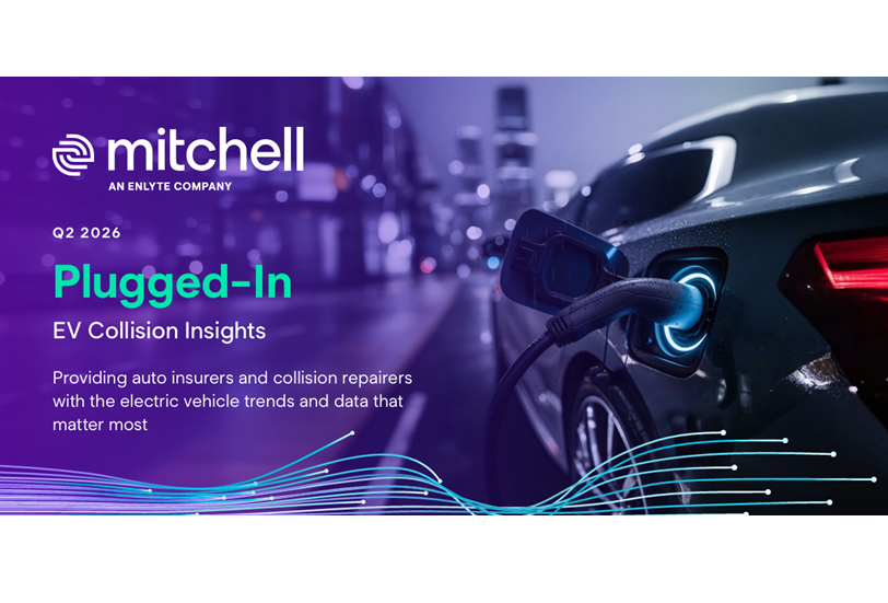 Mitchell Q2 2026 Plugged-In EV Collision Insights report featuring electric vehicle charging with purple cityscape background