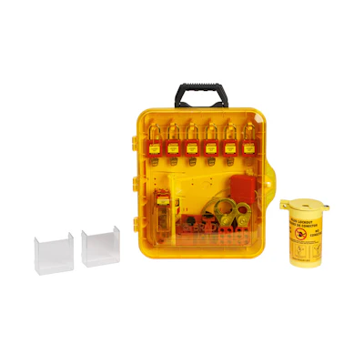 Yellow plastic tool organizer case with compartments, black handle, two clear storage boxes, and cylindrical container