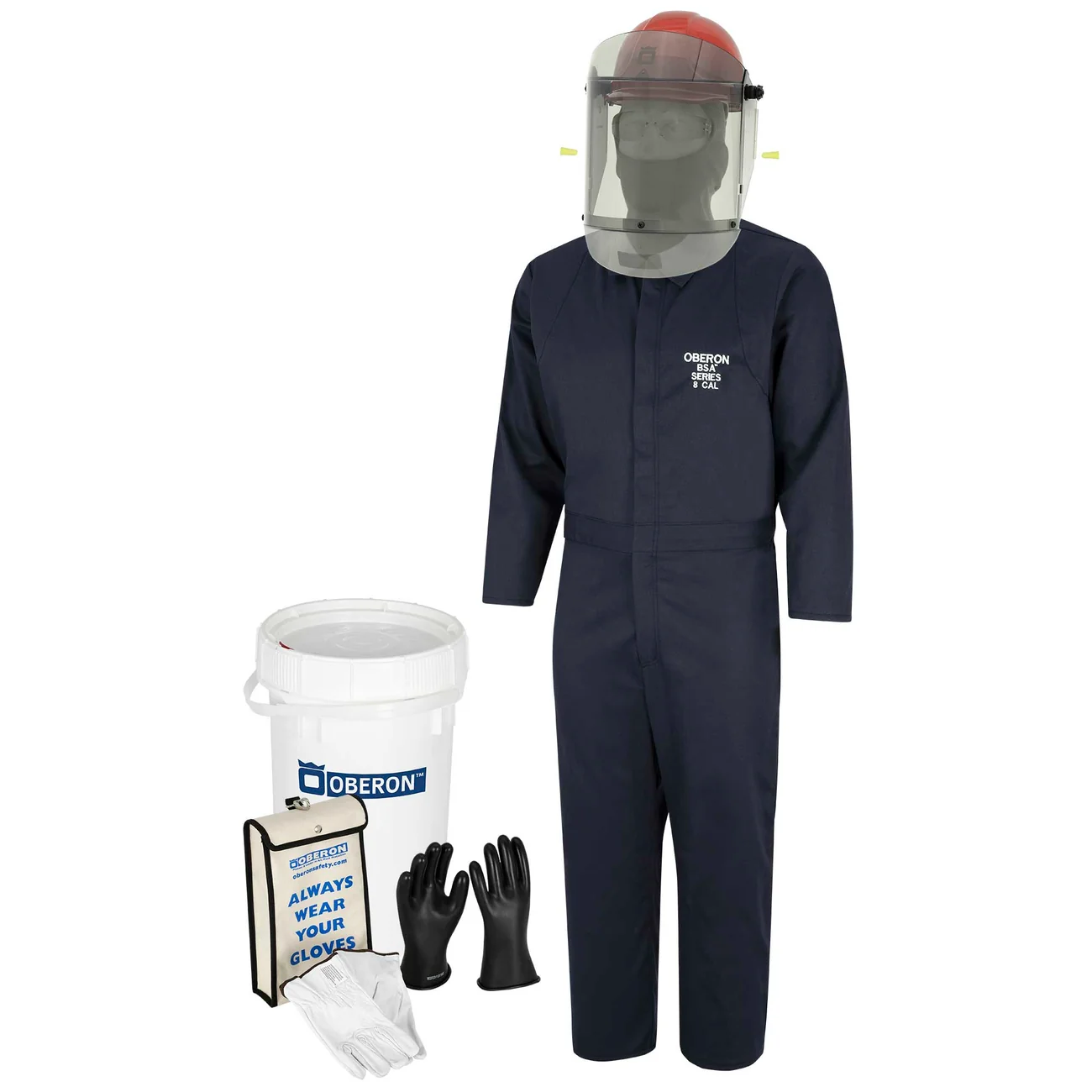 Oberon PPE safety kit with navy coverall, red helmet, face shield, black gloves, and white bucket
