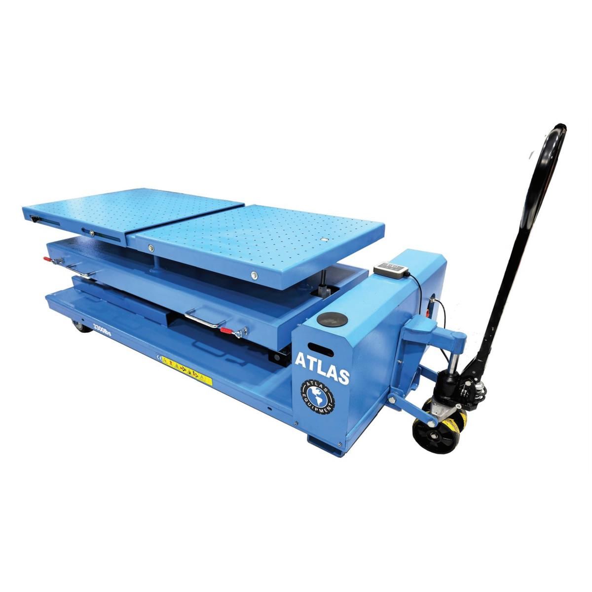 Blue hydraulic lift table with perforated platform and manual pump lever by Atlas