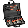 Black tool kit case with organized hand tools including screwdrivers, pliers, and wrenches with orange and red handles
