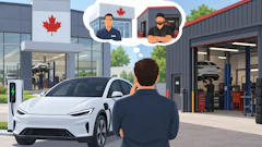 Man standing before white electric vehicle at Canadian EV charging station with service technicians in thought bubbles