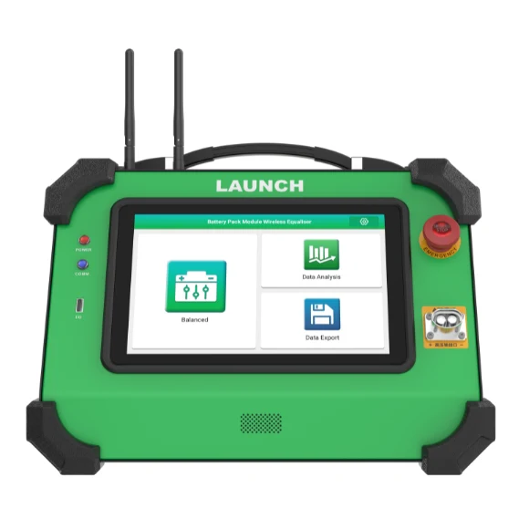 LAUNCH green automotive diagnostic scanner with touchscreen displaying menu options including Balanced, Data Analysis, and Data Export functions