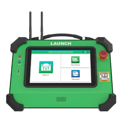 LAUNCH green automotive diagnostic scanner with touchscreen displaying menu options including Balanced, Data Analysis, and Data Export functions