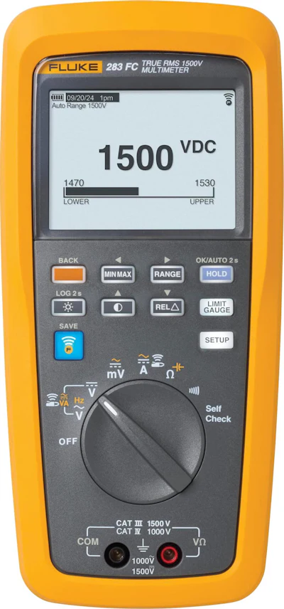 Fluke 283 FC True RMS 1500V digital multimeter displaying 1500 VDC reading with auto range setting