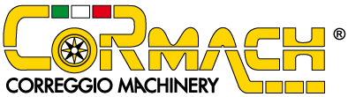 Cormach Correggio Machinery logo with yellow lettering, gear icon, and colored accent bars