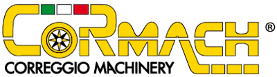 Cormach Correggio Machinery logo with yellow rounded frame, central gear symbol, and brand text