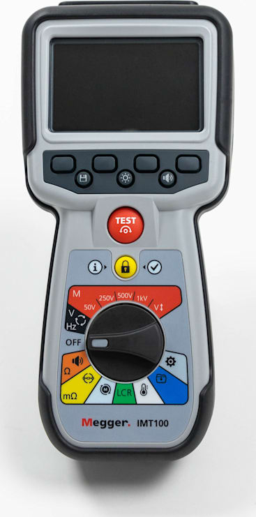 Megger IMT100 digital multimeter with LCD display, rotary dial, and control buttons for electrical testing