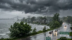 Rainy coastal road with storm clouds, residential buildings, and bridge visible across turbulent water