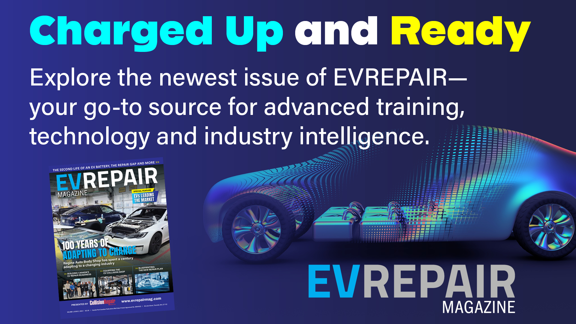EVREPAIR Magazine promotional banner featuring electric vehicle with neon gradient design and magazine cover mockup