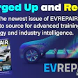 EVREPAIR Magazine promotional banner featuring electric vehicle with neon gradient design and magazine cover mockup