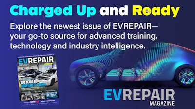 EVREPAIR Magazine promotional banner featuring electric vehicle with neon gradient design and magazine cover mockup