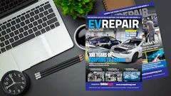 EV Repair Magazine cover featuring electric vehicle repair topic with laptop and desk accessories