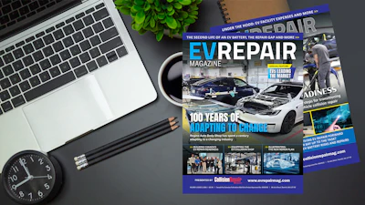 EV Repair Magazine cover featuring electric vehicle repair topic with laptop and desk accessories