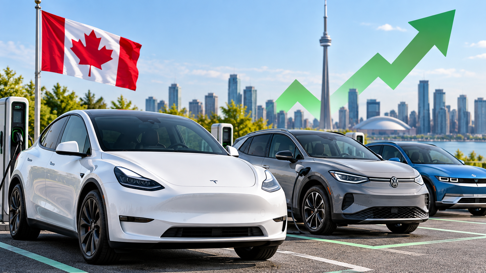 Electric vehicles charging in Toronto with Canadian flag and green growth arrow symbolizing EV market expansion