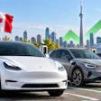 Electric vehicles charging in Toronto with Canadian flag and green growth arrow symbolizing EV market expansion