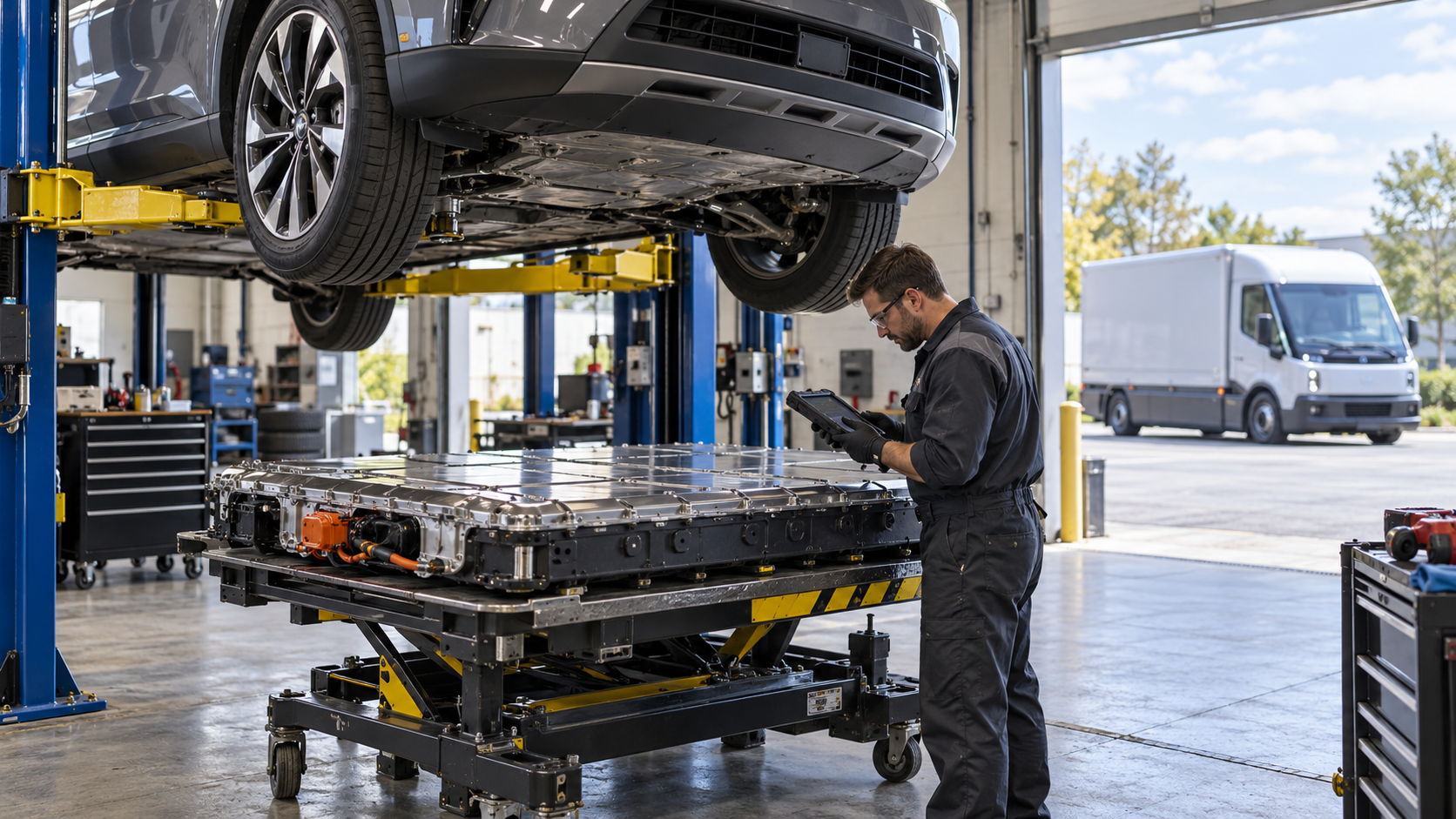 Technician inspecting electric vehicle battery pack on hydraulic lift in automotive service garage