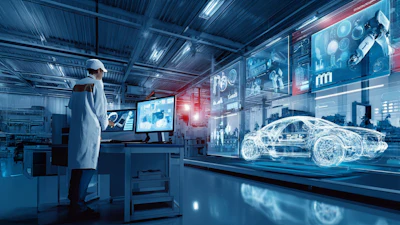 Engineer examining holographic car design in high-tech laboratory with digital displays and data visualizations